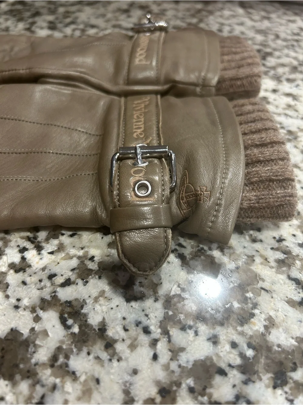 Vivienne Westwood Taupe/Brown Leather Buckle Gloves